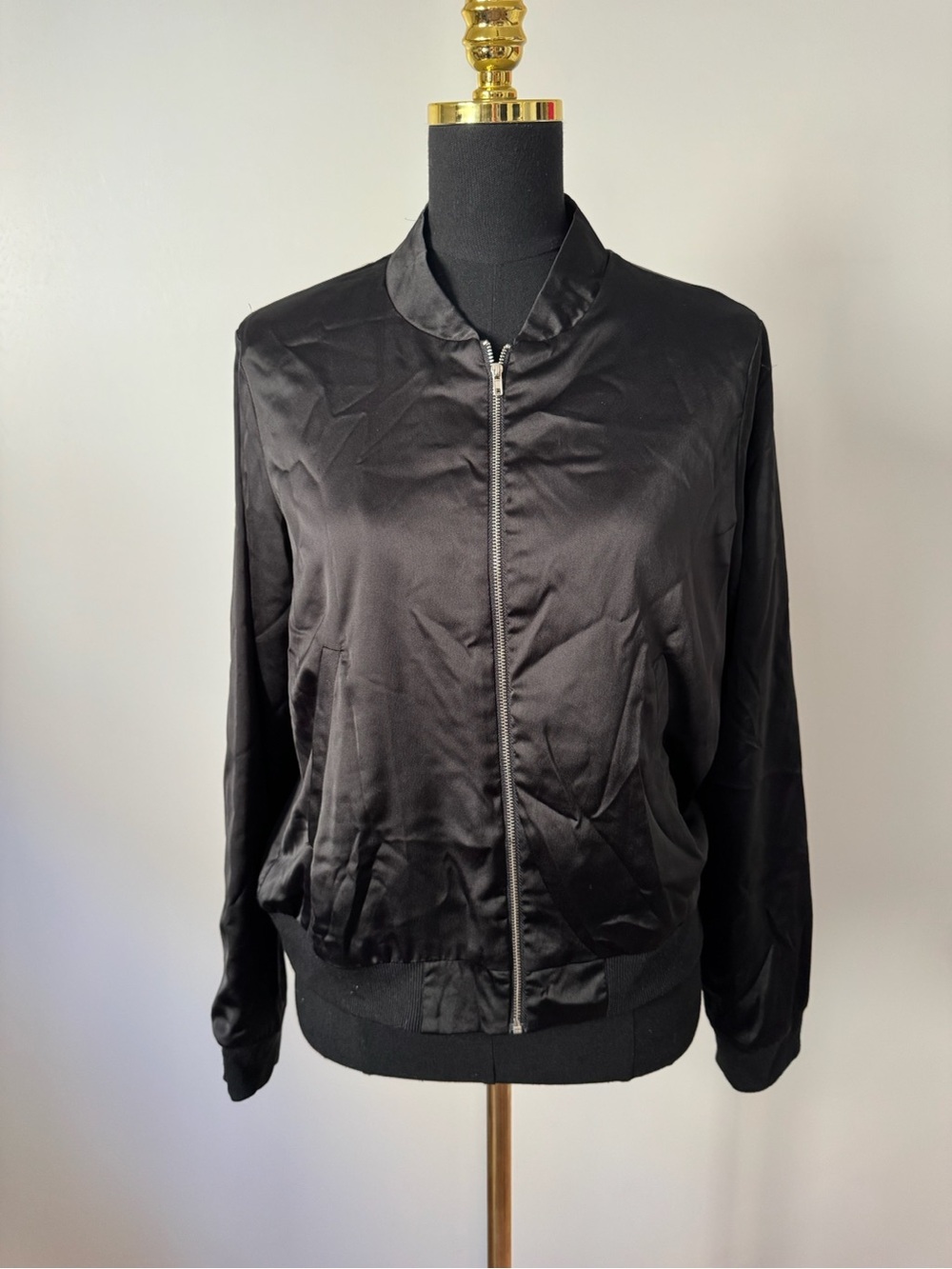 Six Crisp Days Satin Black Bomber Jacket